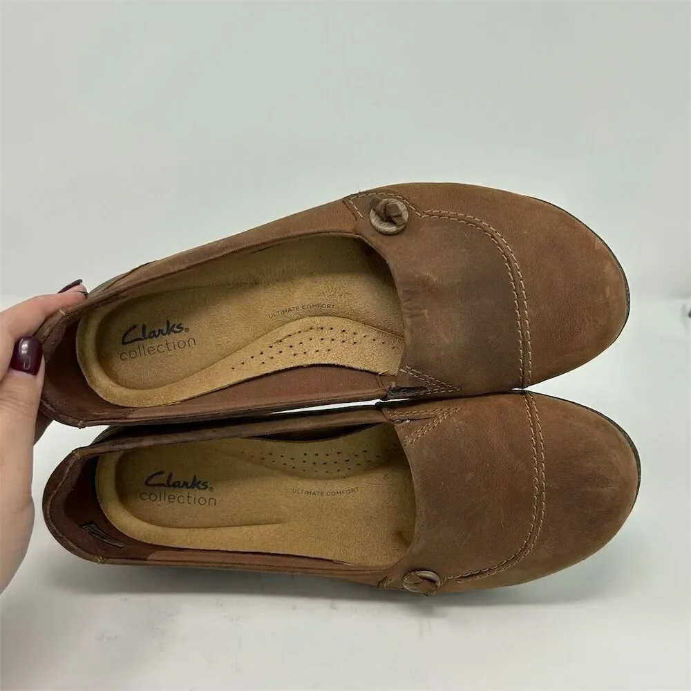 Clarks Women's Roseville Sky Brown Leather Slip-On Loafers Size 10 Wide Comfort